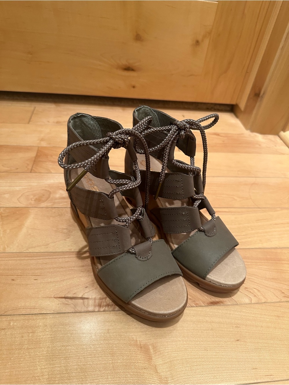 Sorel Olive Green Lace-Up Heeled Sandals (New)
